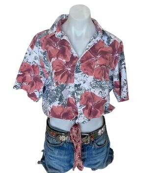 Hawaiian Shirt Tropical Button Down Crop Top One Size Oversized Hibiscus Unique